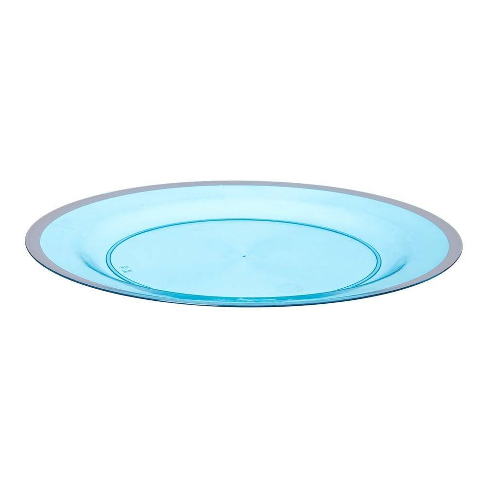 Prato Sobremesa Plstico Azul Borda Prata Luxo 19cm 06 Unidades